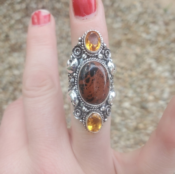 New Witchy Mahogany Obsidian & Citrine 925 Silver Statement Ring. - Picture 13 of 16